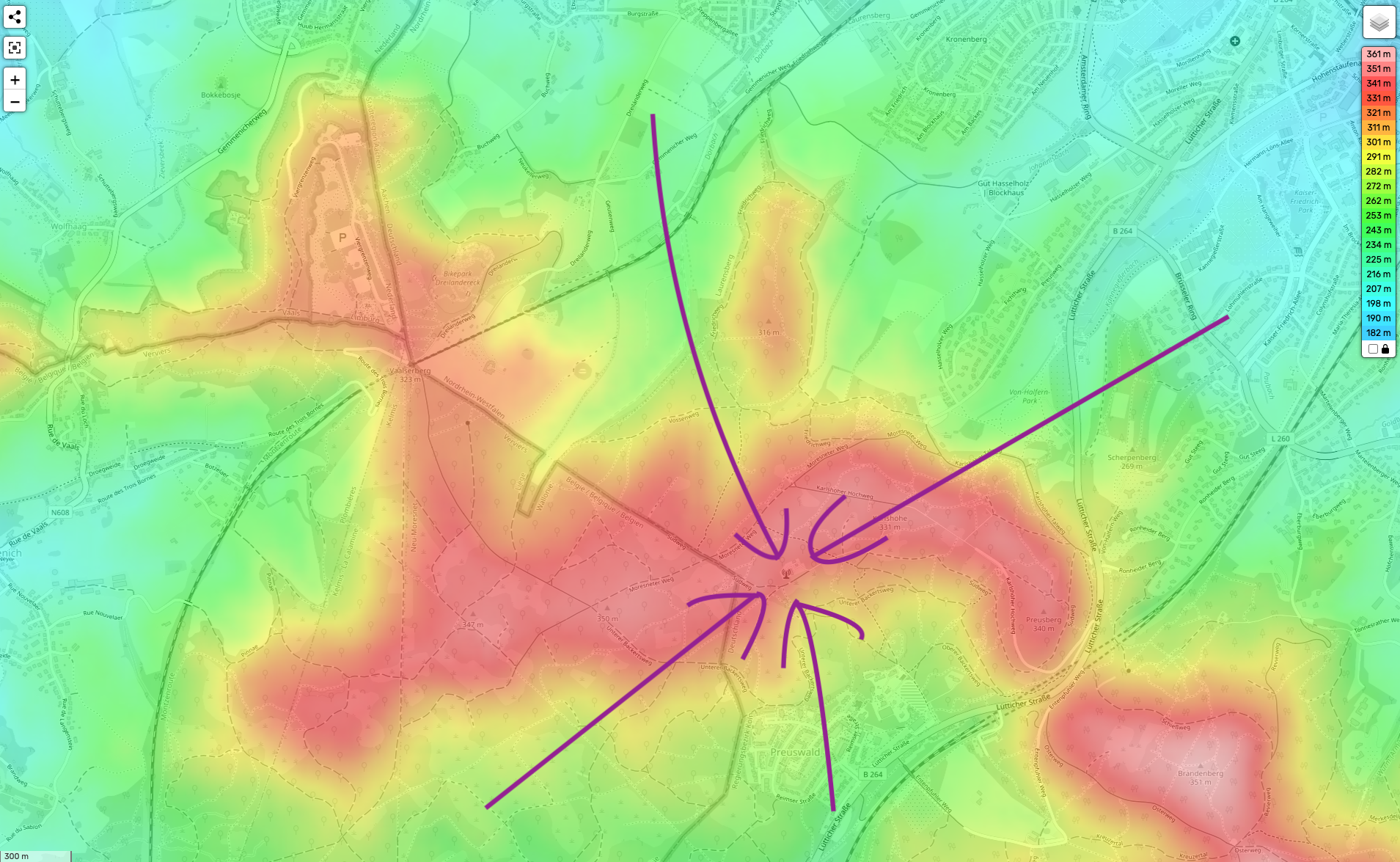 Vaalserberg elevation map, tower highlighted